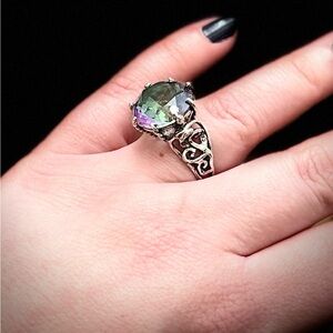 Vintage Sterling Silver Mystic Topaz Statement Ring Ornate Filigree Band Sz 7.5